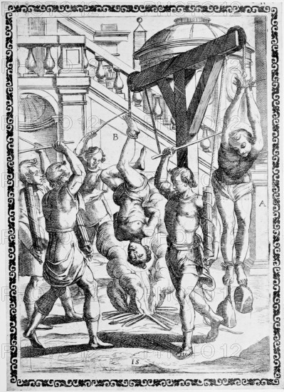 Torture, ordeal, inquisition, a. convicted person hung by the thumb, with heavy stones on their feet, b. hanged Christians, among whom a slow fire was kindled to suffocate them, at the same time the victims were beaten with sticks., illustration, reproduction from a 16th century original, authentic, file restored for optimal use, exact date of submission unknown