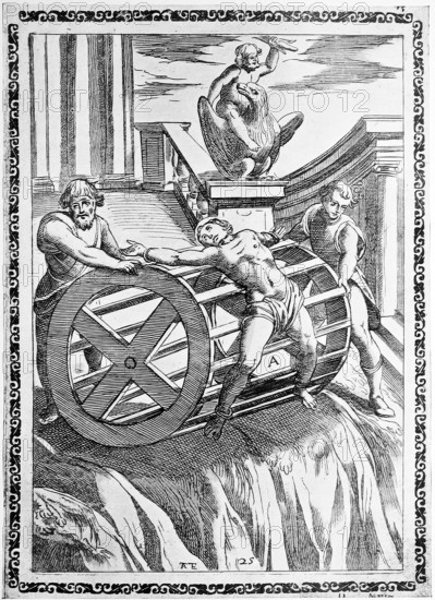 Torture, ordeal, inquisition, sometimes the convicts were tied to the circumference of large wheels and thus plunged from a great height onto rocky ground., illustration, reproduction from a 16th century model, medieval, authentic, file restored for optimal use, exact date of submission unknown