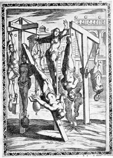 Torture, Torture, Inquisition, a. Condemned woman suspended by one foot, b. Suspended by both feet, c. Suspended on a cross, with their heads up, d. Nailed to the cross, with their heads down, e. Suspended by both arms, with heavy weights on their feet, f. Christian woman who were hung by their hair, g.Convicts who were hung on an arm, with weights on the feet, illustration, reproduction from a 16th century model, middle age, authentic, file restored for optimal use, exact date of submission unknown