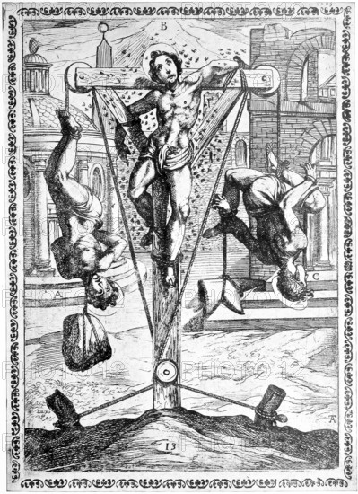 Torture, Torture, Inquisition, a. Condemned man hung by both feet with a large stone around his neck, b. Sometimes, after being coated with honey, the holy condemned were tied to stakes anchored in the ground and thus exposed to sunlight in order to become tortured, inquisitioned by bee and fly bites, c. Convicted person who was on a foot is suspended, one of the legs is bent at the knee and is held with an iron ring, the other is weighted with a heavy mass of iron, illustration, Reproduction of a model from the 16th century, medieval, authentic, file restored for optimal use, exact date of original unknown