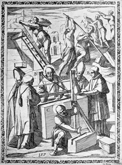 Torture, ordeal, inquisition, a. convicted sentenced to work on the construction of public buildings, b. convicted person sentenced to cutting and transporting marble blocks for construction., illustration, reproduction from a 16th century model, middle age, authentic, file restored for optimal use, exact date of submission unknown