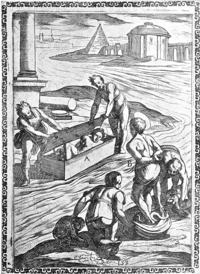 Torture, Torture, Inquisition, a. Condemned person locked in a tin box and drowned in a river, b. Sewn into a sack with a rooster, a viper, a monkey and a dog and thrown into the sea or into a nearby river., illustration, reproduction from a 16th century original, authentic, file restored for optimal use, exact date of submission unknown