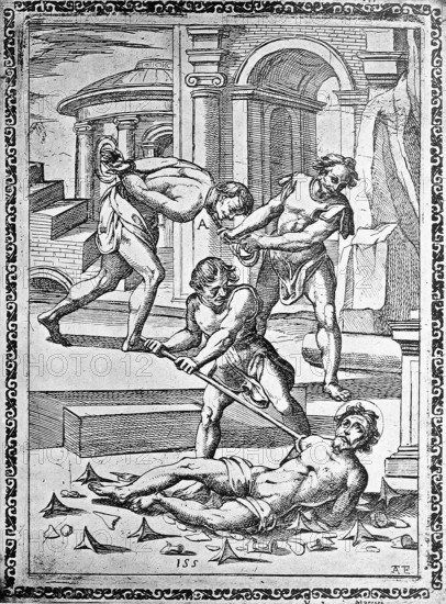 Torture, Torture, Inquisition, a. Condemned person who was dragged through the city with an iron chain attached to his neck, b. bared and rolled over sharp iron spikes., illustration, reproduction from a 16th century original, authentic, file restored for optimal use, exact date of submission unknown