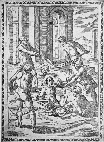 Torture, ordeal, inquisition, a. convicted thrown into deep pits and buried up to their necks with earth and stones, b. Convicted person left half buried with hands tied behind their back to die., illustration, reproduction from a sixteenth-century original, authentic, file restored for optimal use, exact date of submission unknown