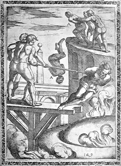 Torture, ordeal, inquisition, a. Condemned person who was thrown headlong from a great height b. Thrown into a lime kiln, illustration, reproduction from a 16th century model, middle age, authentic, file restored for optimal use, exact date of submission unknown