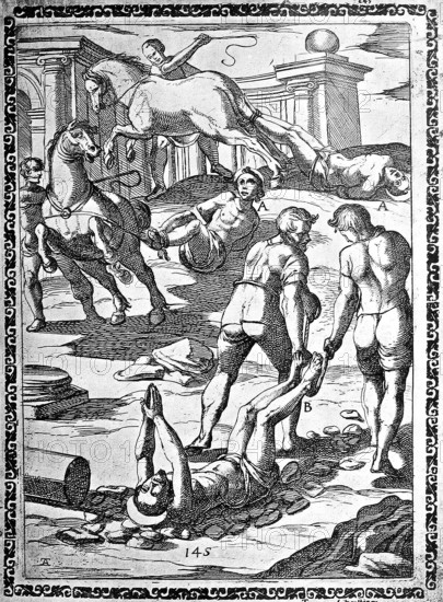 Torture, Torture, Inquisition, a. Condemned people tied to the neck or tail of wild horses and pulled cruelly behind them by them, b. Pulled through the streets or over rocky places with ropes attached to their feet., illustration, reproduction from a 16th century model, authentic, file restored for optimal use, exact date of submission unknown
