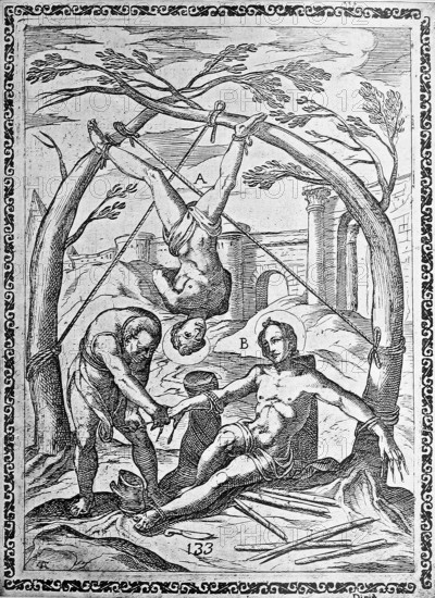 Torture, ordeal, inquisition, a. convict whose legs are tied to two neighboring trees, which have been forcibly bent and pressed together and which are soon released abruptly, b. Condemned person who is tortured with pointed reeds, inquisitiont, which are stabbed under his fingernails and toenails., illustration, reproduction from a 16th-century model, middle ater, authentic, File restored for optimal use, exact date of submission unknown