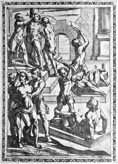 Torture, Torture, Inquisition, a. convict whose skin is torn off his face, b. whose feet are amputated, c. who has his legs broken, d. whose forehead is burned, illustration, reproduction from a 16th-century model, middle age, authentic, file restored for optimal use, exact date of presentation unknown