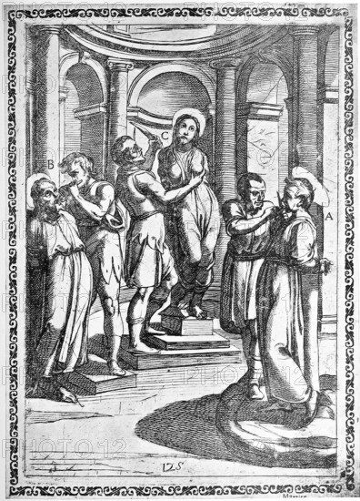 Torture, Torture, Inquisition, a. convict whose tongue was cut out, b. Who had their teeth torn out, c. Who had their breasts amputated., illustration, reproduction from a 16th century model, middle age, authentic, file restored for optimal use, exact date of submission unknown