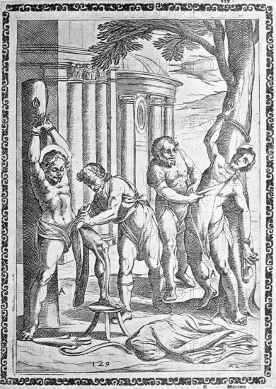 Torture, convicted person skinned alive, illustration, reproduction from a 16th century model, medieval, authentic, file restored for optimal use, exact date of submission unknown