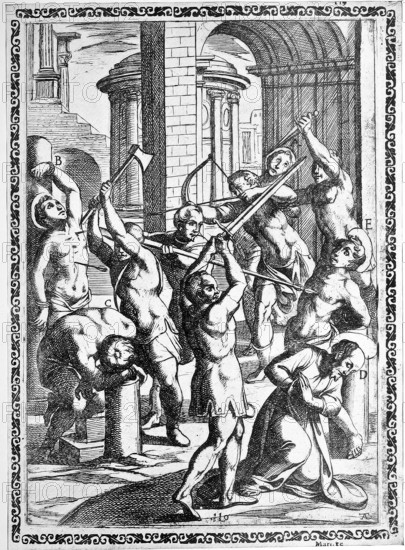 Torture, Torture, Inquisition, a. Condemned person who is stabbed in the throat, b. Killed with arrows, c. Hit on the head with an axe, d. Beheaded with a sword, e. Pierced with a lance., illustration, reproduction from a 16th century original, authentic, file restored for optimal use, exact date of submission unknown