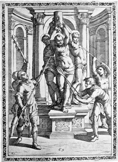 Torture, Torture, Inquisition, a. convict who was tortured with iron claws or pliers Torture, Inquisitiont, b. Torn with spikes, c. Teared with harrows., illustration, reproduction from a 16th century original, authentic, file restored for optimal use, exact date of submission unknown