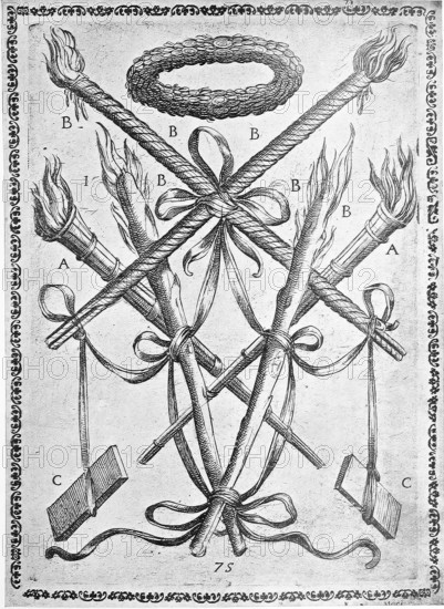 Torture, torture instruments, a. burning logs or torches, b. torches made of pine wood or other wood, c. Metal plates heated in fire., illustration, reproduction from a 16th century model, medieval, authentic, file restored for optimal use, exact date of original unknown