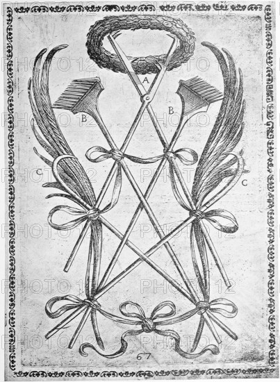 Torture, torture instruments, a. iron horseshoes, b. harrows, c. Horseshoe stollen, illustration, reproduction from a model from the 16th century, medieval, authentic, file restored for optimal use, exact date of original unknown