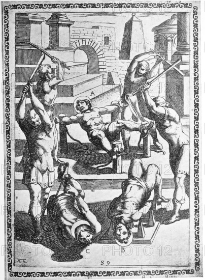 Torture, ordeal, inquisition, a. convict tied to four posts and beaten with sticks, b. Condemned man tied naked to iron skewers and violently beaten with sticks, c. Condemned man bound by hands and feet and also beaten with sticks., illustration, reproduction from a 16th century model, intermediate, authentic, file restored for optimal use, exact date of original unknown