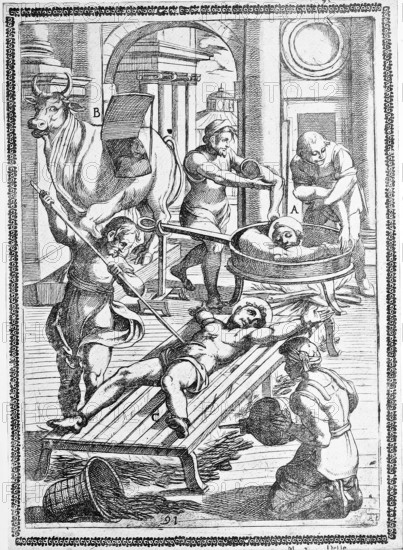 Torture, ordeal, inquisition, a. convict whose limbs were severed and placed in the pan, b. convict in bronze bull, c. Condemned person placed on the iron bed and roasted, illustration, reproduction from a 16th century original, authentic, file restored for optimal use, exact date of submission unknown