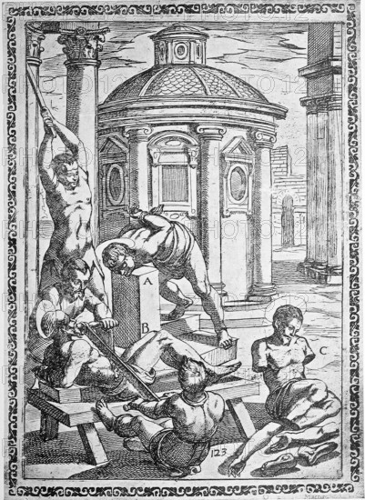 Torture, a. Killed with clubs or sticks, b. Sawed in half with an iron saw, c. hands and feet cut off, illustration, reproduction from a 16th century model, middle age, authentic, file restored for optimal use, exact date of original unknown