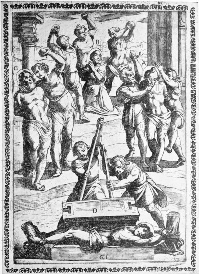 Torture, ordeal, inquisition, a. convict who receives slaps and kicks and whose face is bruised with fist punches, b. Convicted person who is stoned, c. Convicted person whose face and jaw are injured with a stone, i.e. convicted who is crushed under a huge stone., illustration, reproduction from a 16th century original, authentic, file restored for optimal use, accurate Submission date unknown