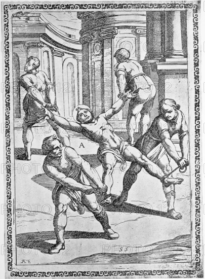 Torture, ordeal, inquisition, a convict who is tied down with straps or strings is forcibly pulled in all directions and thus torn apart limb by limb, illustration, reproduction from a 16th-century model, intermediate, authentic, file restored for optimal use, exact date of submission unknown