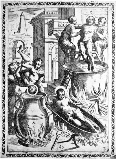 Torture, Torture, Inquisition, a. convict thrown upside down into a cauldron with molten lead or boiling oil, b. convict in a hot frying pan, c. Condemned person dipped in a boiling pot, illustration, reproduction from a sixteenth-century original, authentic, file restored for optimal use, exact date of submission unknown