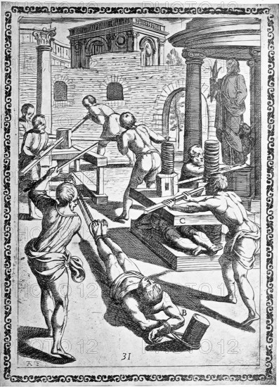 Torture, ordeal, inquisition, a. with pulley, b. convict stretched by a pulley, c. Crushed in the press, just as you grind grapes and olives to produce wine and oil, i.e. with winch or winch., illustration, reproduction from a sixteenth-century original, authentic, file restored for optimal use, exact date of submission unknown