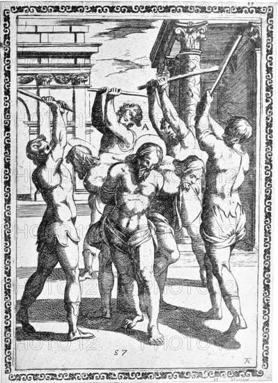 Torture, ordeal, inquisition, convicted person tied to a stake or pillar rammed into the ground and beaten with sticks until they die, illustration, reproduction from a 16th-century model, medieval, authentic, file restored for optimal use, exact date of submission unknown