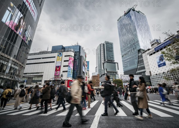 Crowd crossing zebra crossing on a large intersection, motion blur, back modern houses with colorful neon signs, long exposure, Shibuya Crossing, Shibuya, Tokyo, Japan