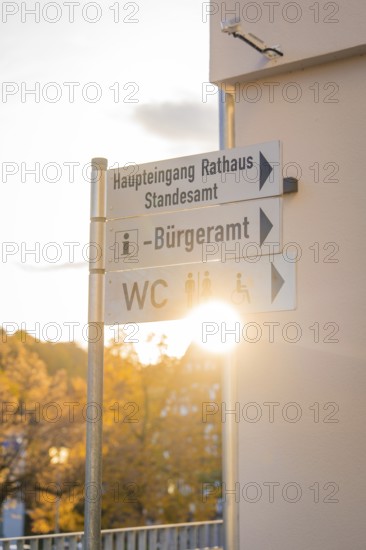 Signpost with sunbeams surrounded by autumn trees under a clear sky, Aidlingen, Böblingen district, Germany