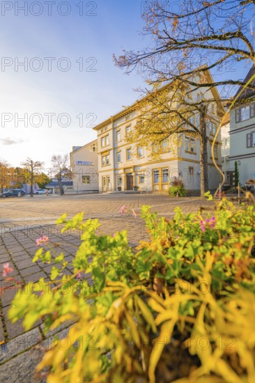 Square with historic building and blooming plants in the foreground in autumn sunshine, Aidlingen, Böblingen district, Germany