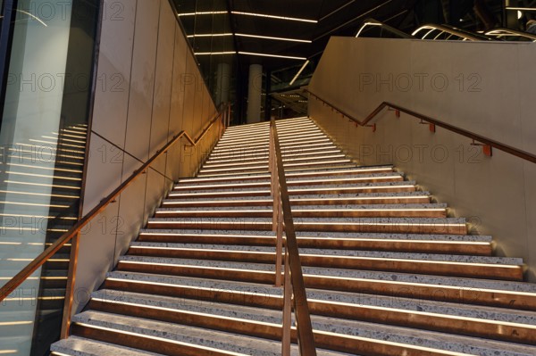Illuminated staircase to cinema, modern architecture, Kinopolis, Westfield Überseequartier, modern shopping center, HafenCity, Hamburg, Germany