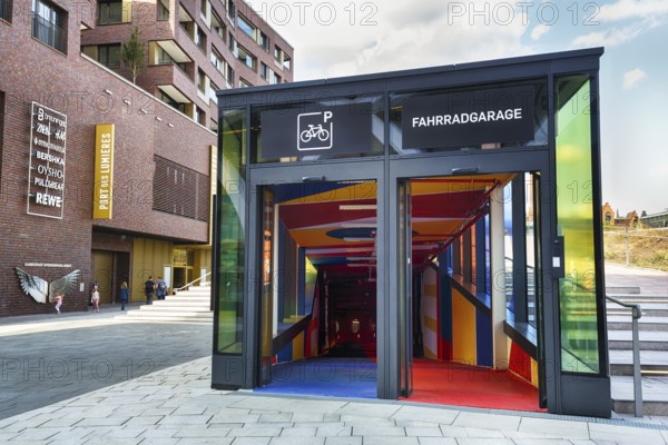 Colourful bicycle garage, bicycle parking garage at the Museum of Immersive Art, Port des Lumières, Westfield Überseequartier, modern shopping center, HafenCity, Hamburg, Germany