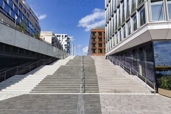 Empty staircase, modern architecture, Westfield Überseequartier, modern shopping center, HafenCity, Hamburg, Germany