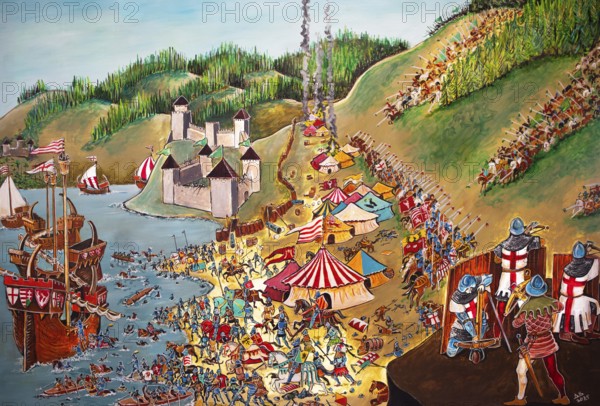 Battle of Golubac, painting in Golubac Fortress or Kolumbatz or Pigeon Town or Dove Castle on the Danube, Golubac, Serbia