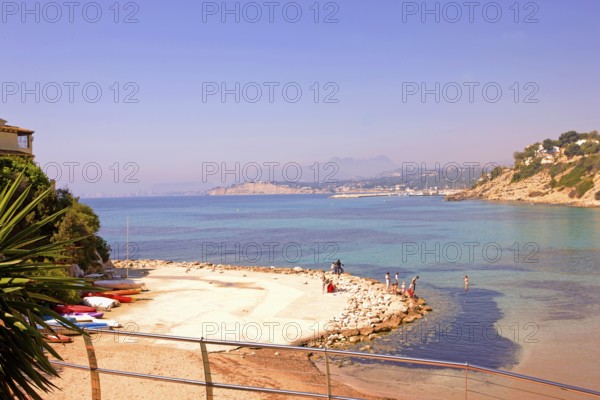 Lonely, shell-shaped beach, Moraira, former fishing village, pearl of the Costa Blanca, Mediterranean Sea, Playa del Portet, Valencia, Costa Blanca, Spain