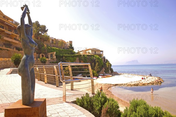 Sculpture, bay, Moraira, former fishing village, pearl of the Costa Blanca, Mediterranean Sea, Playa del Portet, Valencia, Spain