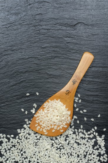 Rice grains with cooking spoon, rice