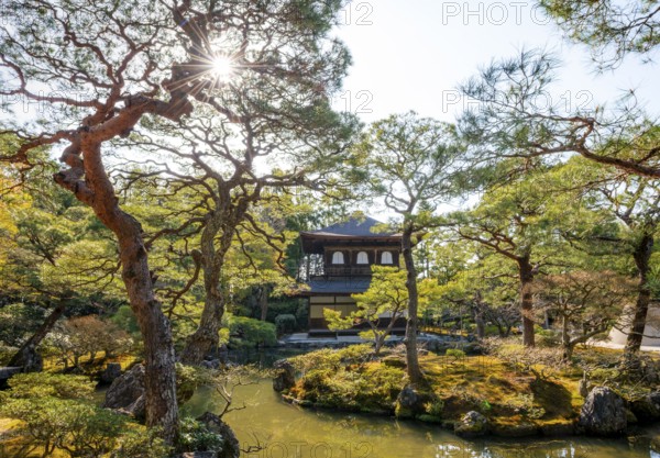 Artfully designed Japanese garden with pond and silver pavilion ginkaku, sun star, jisho-ji or ginkaku-ji, Zen temple, Higashiyama, Kyoto, Japan