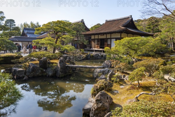Artfully designed Japanese garden with pond and togudo, sun star, jisho-ji or ginkaku-ji, Zen temple, Higashiyama, Kyoto, Japan