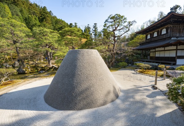 Rock garden, Zen garden with Kogetsudai Mount Fuji replica, Jisho-ji or Ginkaku-ji, Zen temple, Higashiyama, Kyoto, Japan