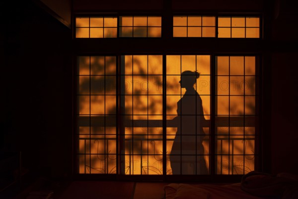 Shadows of a woman in kimono, on the balcony behind sliding shoji doors in a traditional Japanese house, Yamanouchi, Nagano, Japan