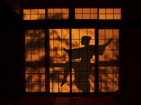 Shadows of a woman in kimono, on the balcony behind sliding shoji doors in a traditional Japanese house, ninja, Yamanouchi, Nagano, Japan