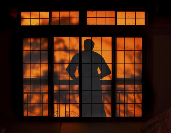 Shadows of a man in kimono, on the balcony behind sliding shoji doors in a traditional Japanese house, Yamanouchi, Nagano, Japan
