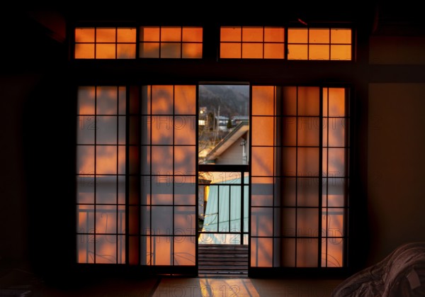 Interior of a traditional Japanese house with shoji sliding doors, Yamanouchi, Nagano, Japan