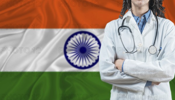 Medical professional on India flag. Healthcare and wellness in India, Concept