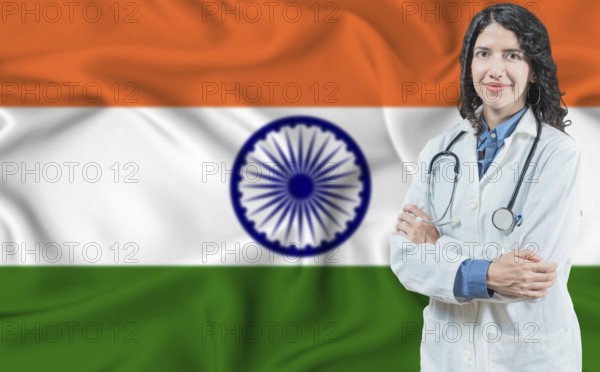 Indian medicine and healthcare concept. Doctor close up against India flag background