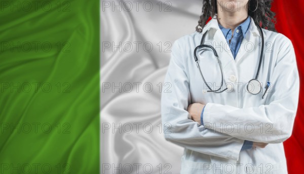 Medical professional on Italy flag. Healthcare and wellness in Italy, Concept