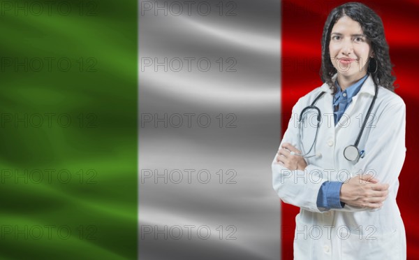 Italian medicine and healthcare concept. Doctor close up against Italy flag background