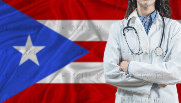 Medical professional on Puerto Rico flag. Healthcare and wellness in Puerto Rico, Concept