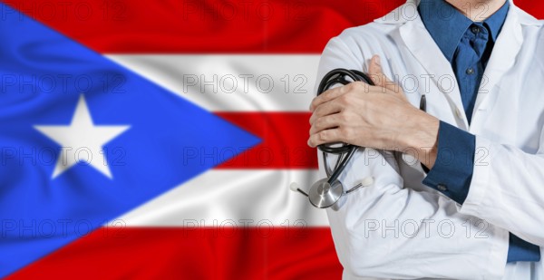 Puerto Rican healthcare concept. Doctor with stethoscope on Puerto Rico flag. Doctor holding stethoscope on Puerto Rican flag