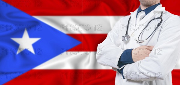 Puerto Rico healthcare concept. Male doctor on Puerto Rico flag. Doctor with crossed arms on Puerto Rico flag
